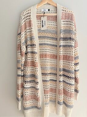 Homebody Open-Knit Striped Cardigan Sweater - Cream with Rust & Navy Accents